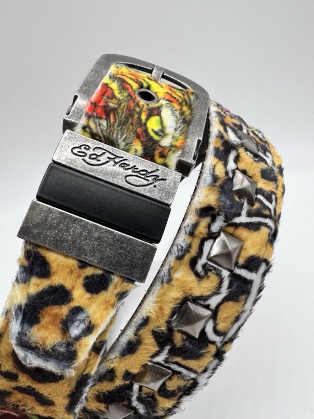 Ed Hardy Yellow Black White Leopard Studded Faux Fur Belt